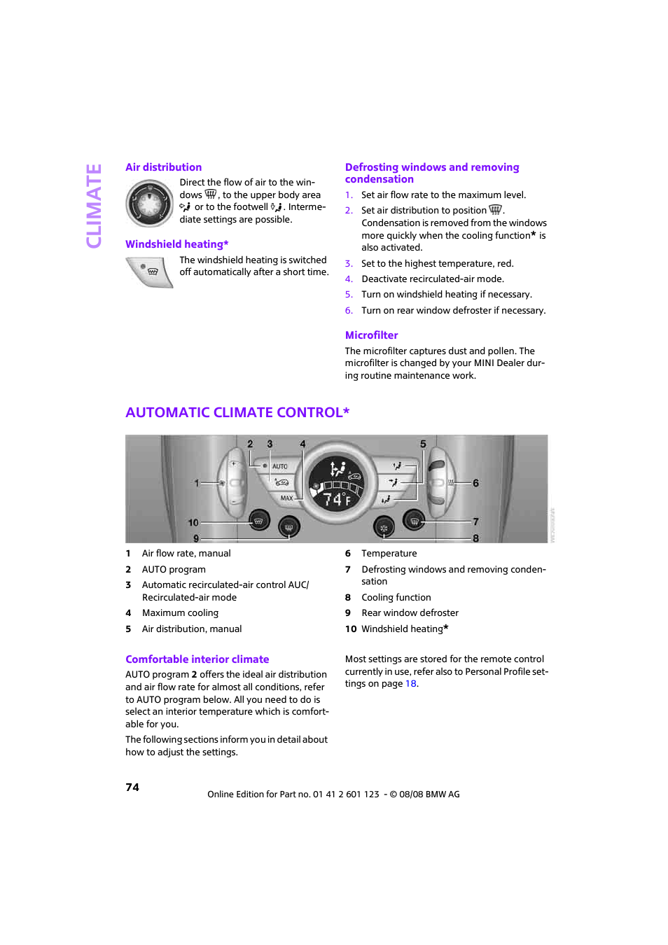 Automatic climate control, Climat e | Mini 2009 Cooper User Manual | Page 76 / 160