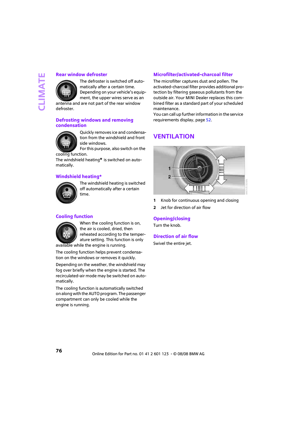 Ventilation, Climat e | Mini 2009 Cooper User Manual | Page 78 / 160