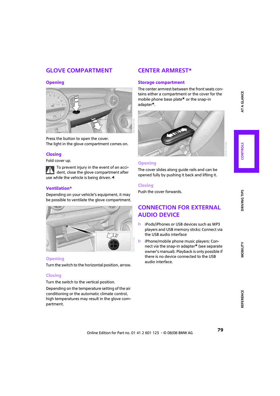 Glove compartment, Center armrest, Connection for external audio device | Mini 2009 Cooper User Manual | Page 81 / 160