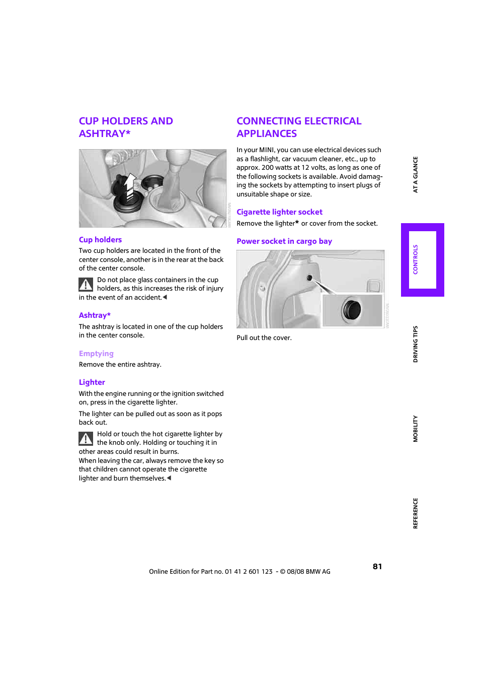 Cup holders and ashtray, Connecting electrical appliances | Mini 2009 Cooper User Manual | Page 83 / 160