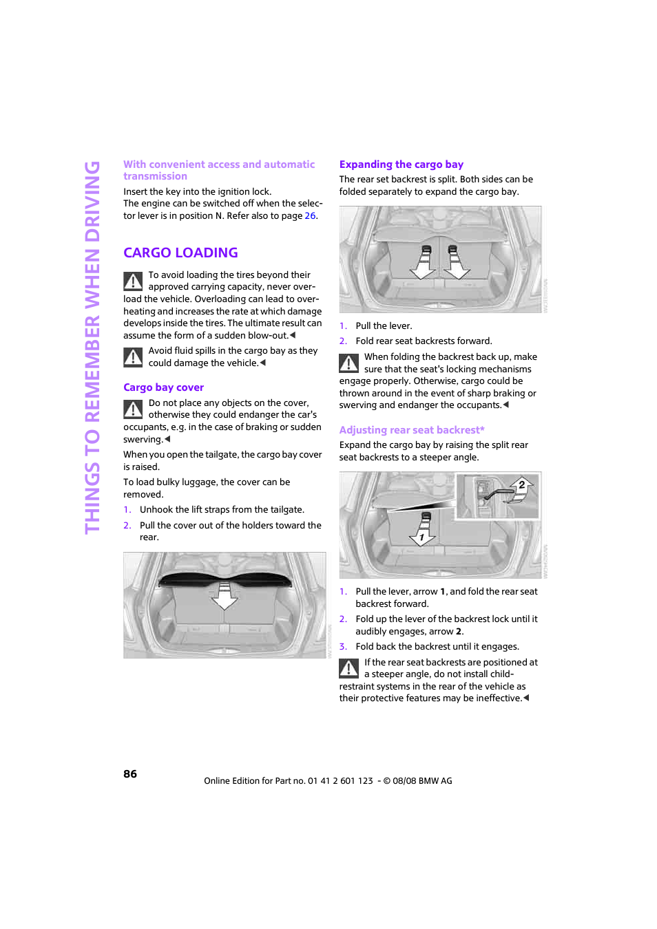 Cargo loading, Things to remember when driving | Mini 2009 Cooper User Manual | Page 88 / 160