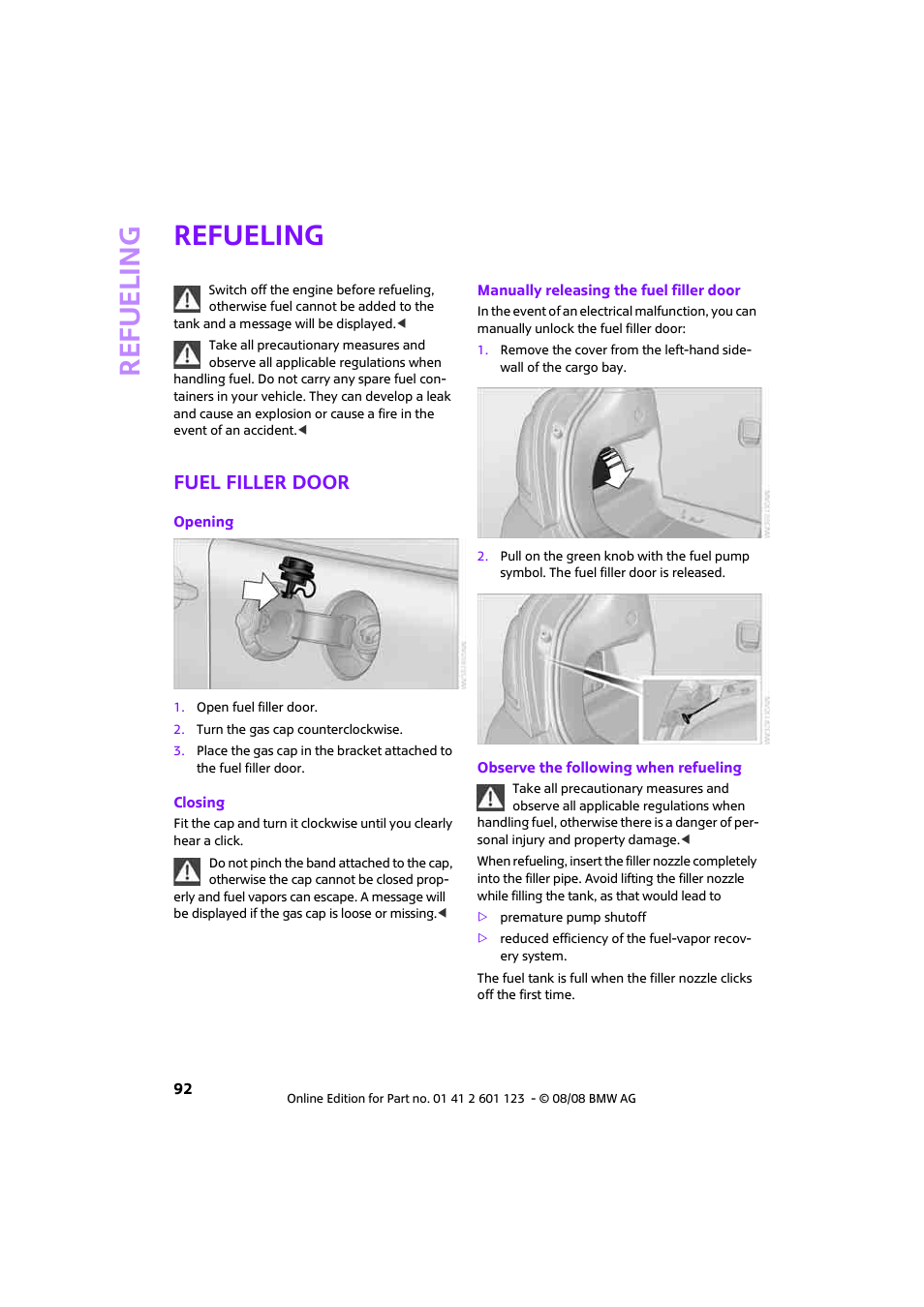 Refueling, Fuel filler door | Mini 2009 Cooper User Manual | Page 94 / 160