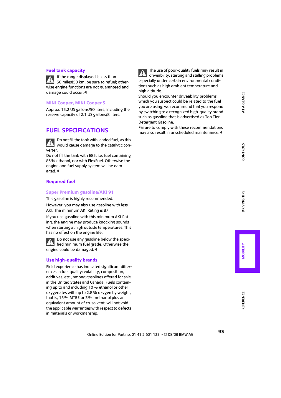 Fuel specifications | Mini 2009 Cooper User Manual | Page 95 / 160