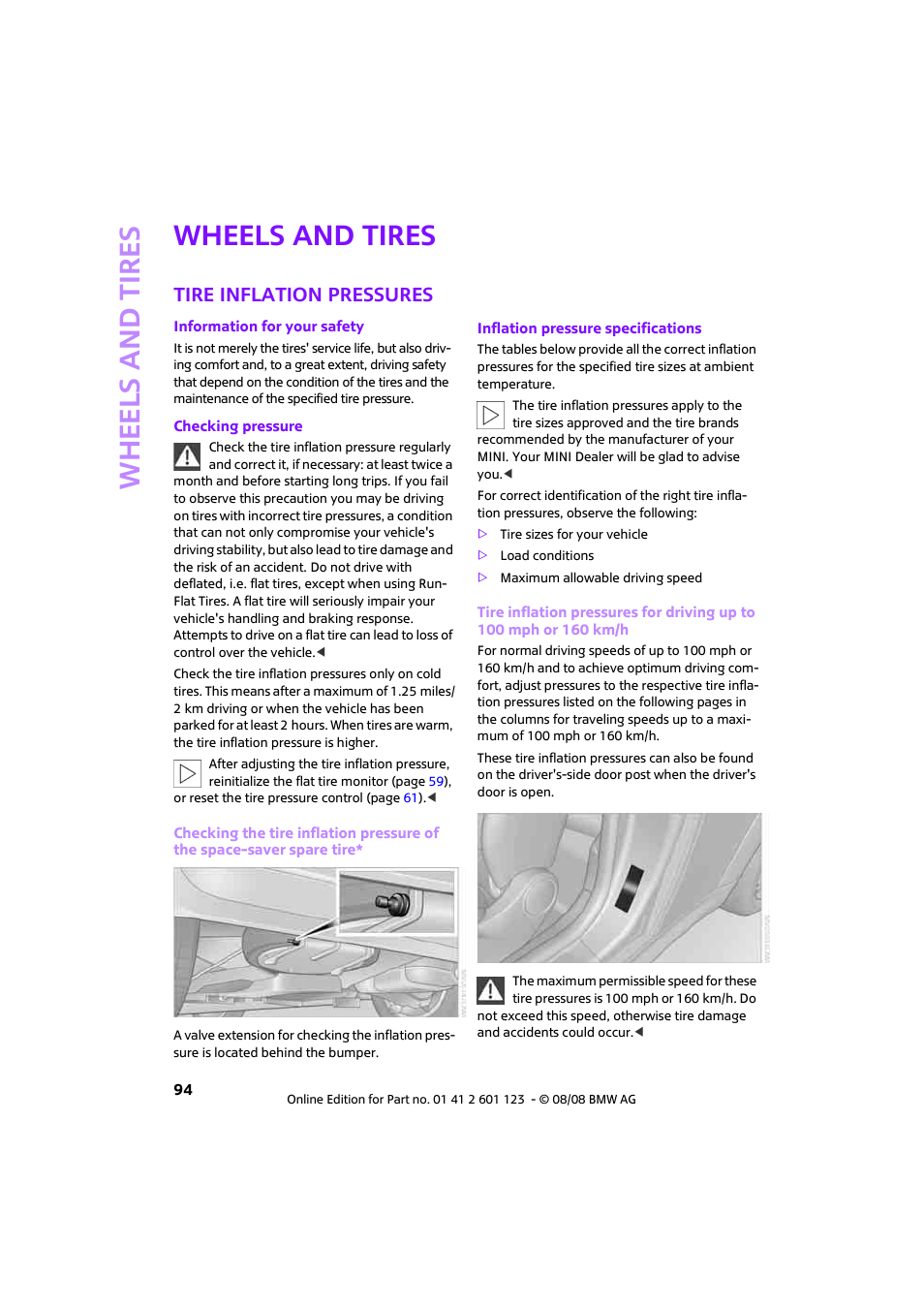 Wheels and tires, Tire inflation pressures, Whee ls and tire s | Mini 2009 Cooper User Manual | Page 96 / 160