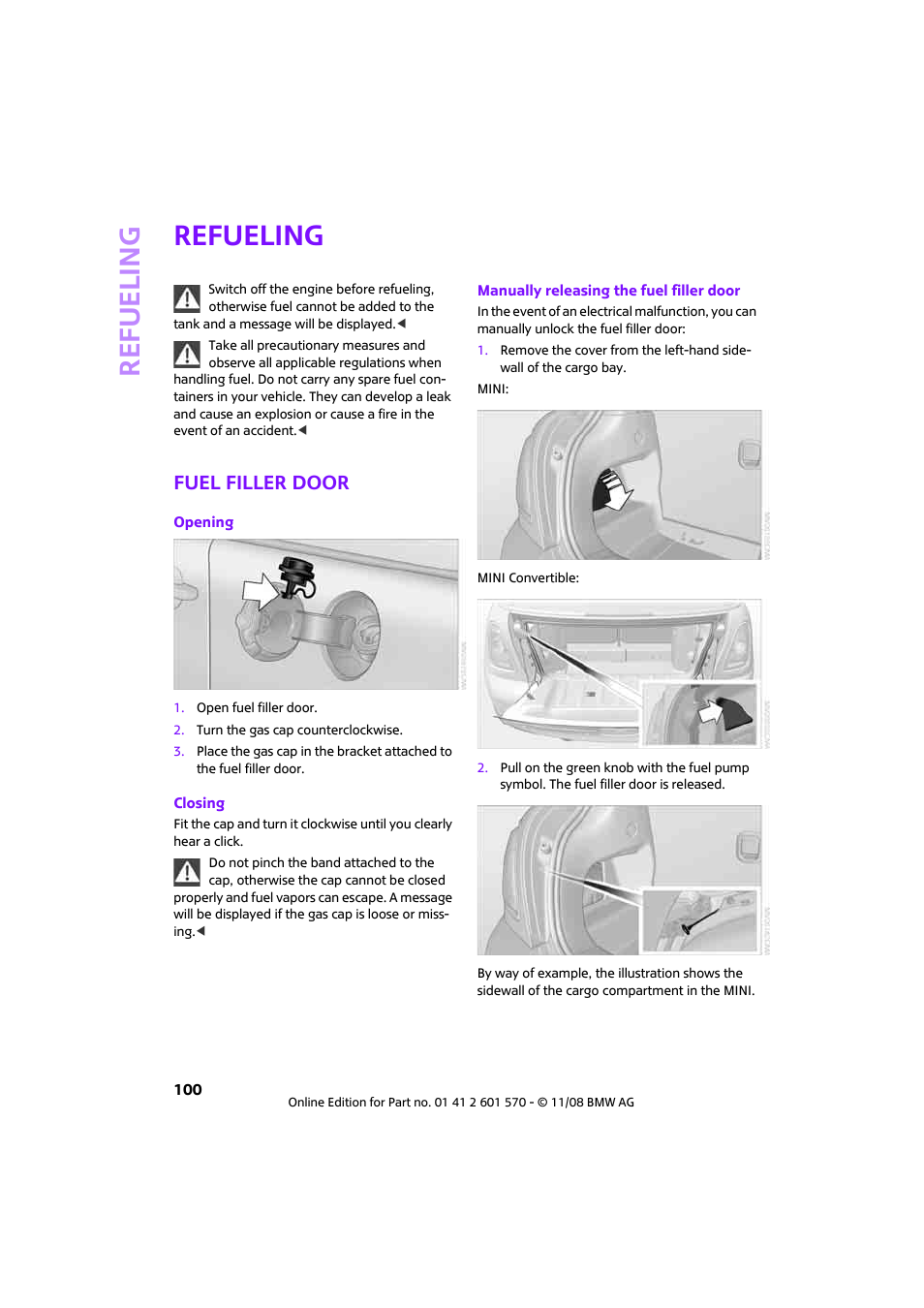 Refueling, Fuel filler door, Mobility | Mini 2009 Cooper Convertible User Manual | Page 102 / 172