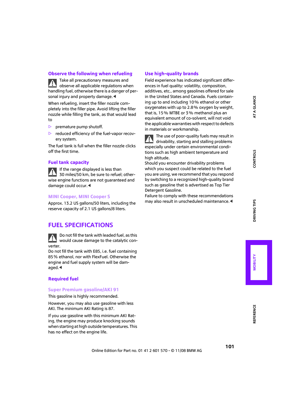 Fuel specifications | Mini 2009 Cooper Convertible User Manual | Page 103 / 172