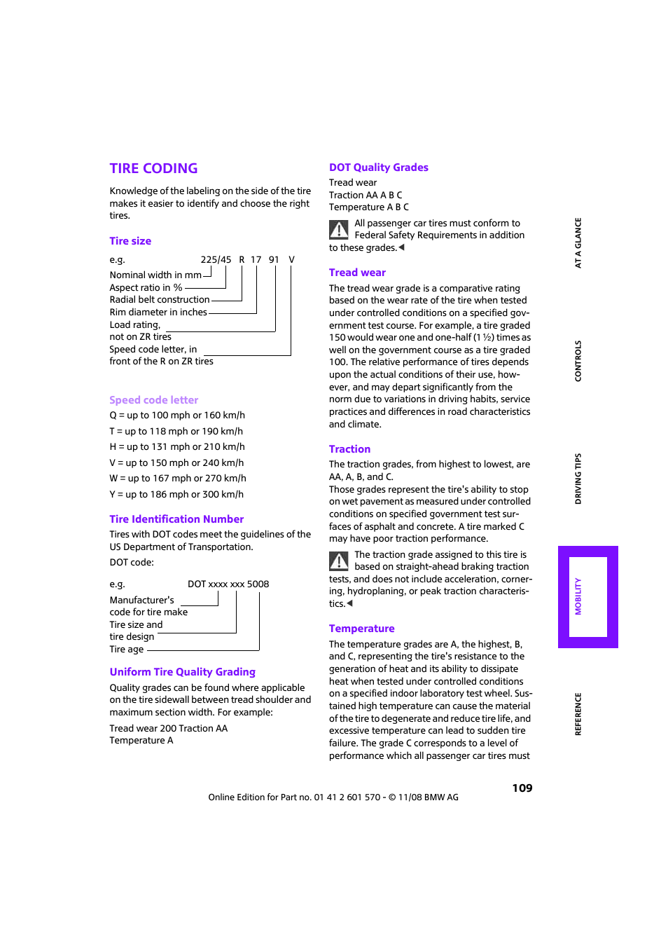 Tire coding | Mini 2009 Cooper Convertible User Manual | Page 111 / 172