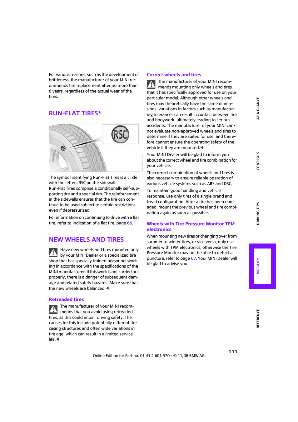 Run-flat tires, New wheels and tires, Other | Mini 2009 Cooper Convertible User Manual | Page 113 / 172
