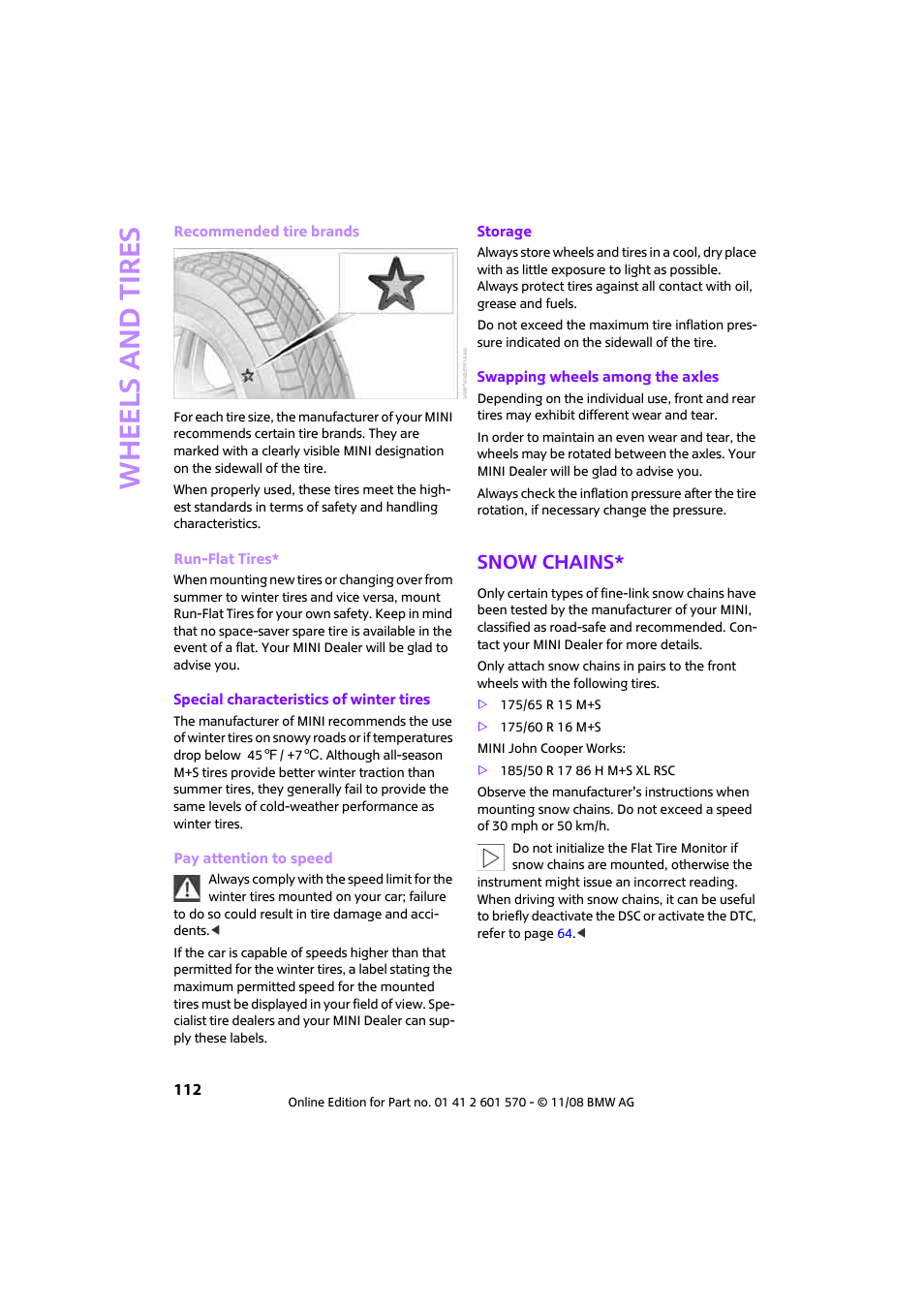 Snow chains, Wheels and tires | Mini 2009 Cooper Convertible User Manual | Page 114 / 172
