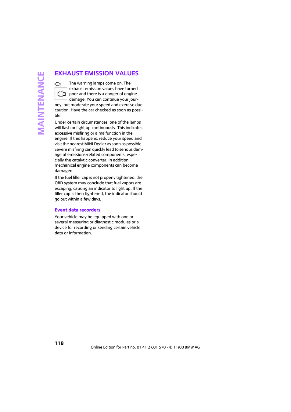 Exhaust emission values, Maintenance | Mini 2009 Cooper Convertible User Manual | Page 120 / 172