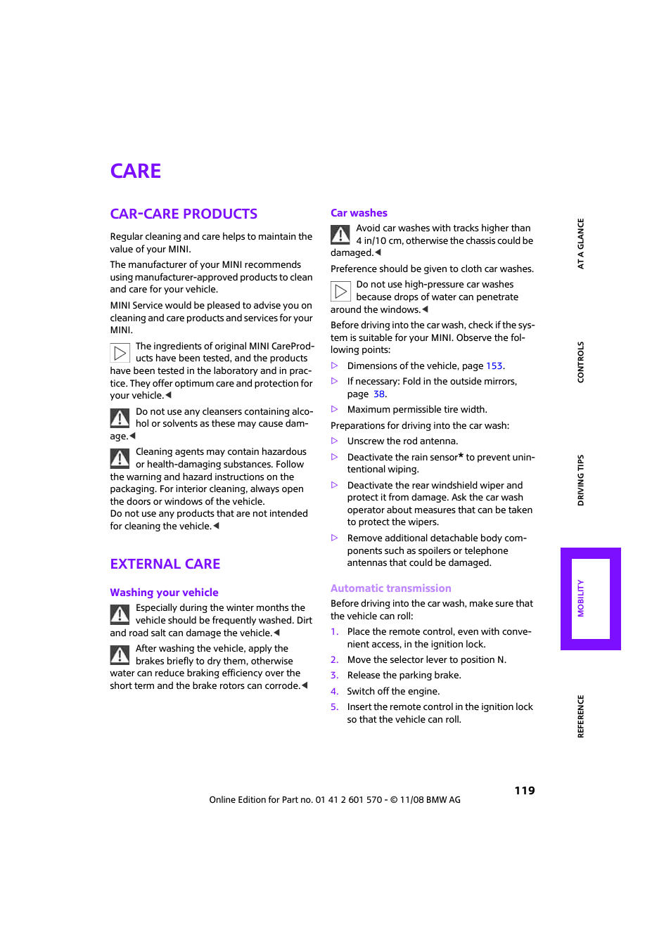 Care, Car-care products, External care | Mini 2009 Cooper Convertible User Manual | Page 121 / 172