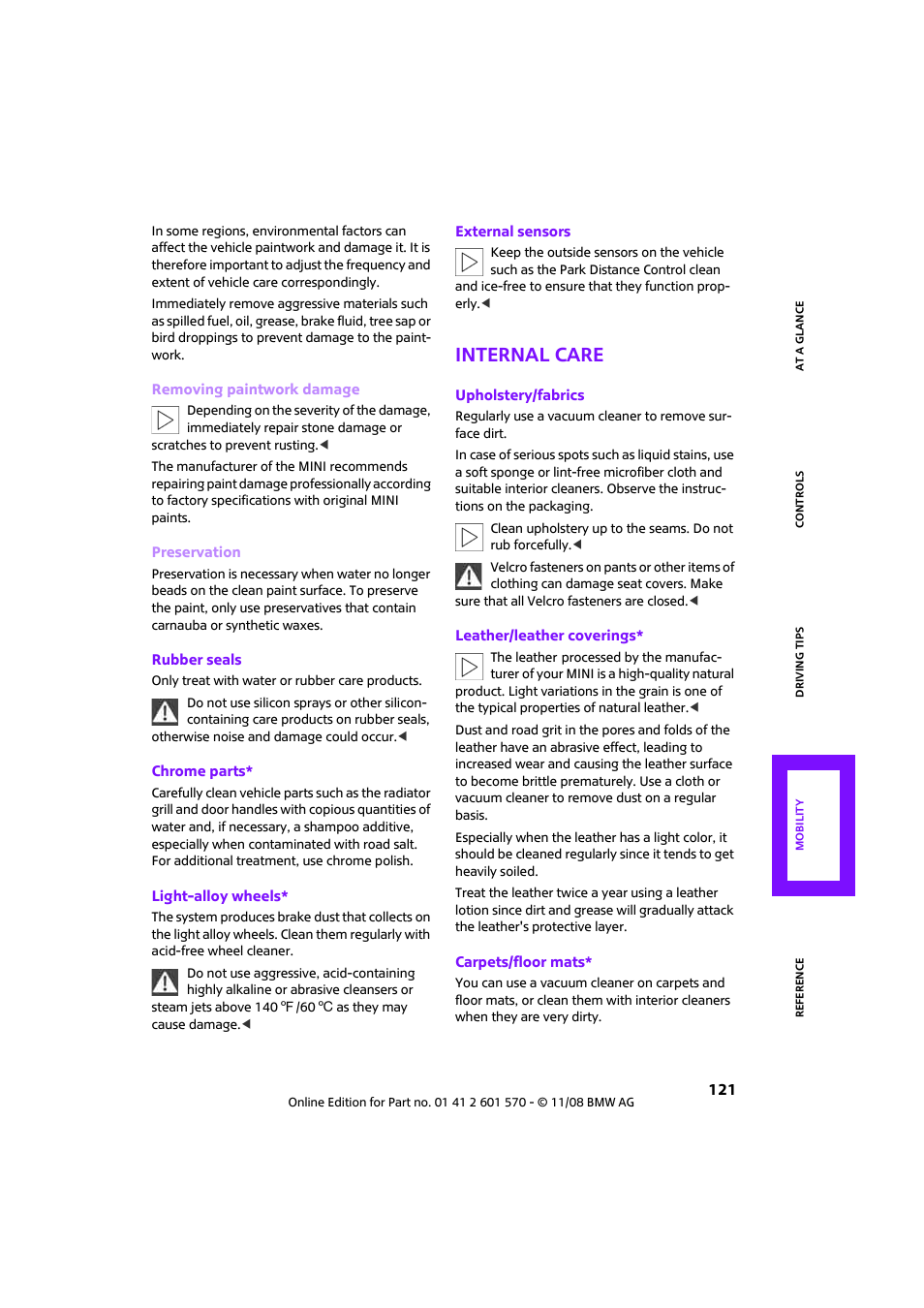 Internal care | Mini 2009 Cooper Convertible User Manual | Page 123 / 172
