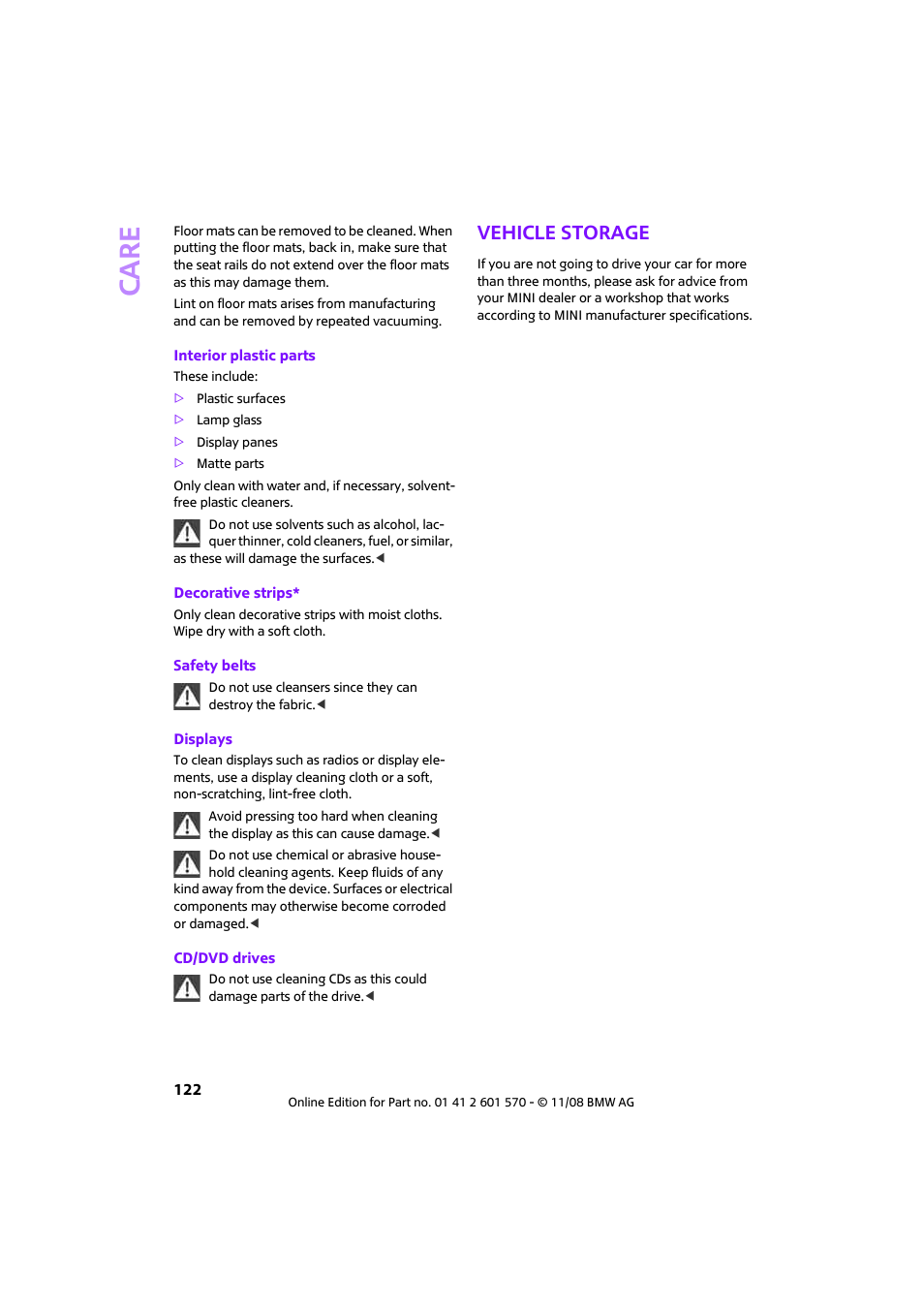 Vehicle storage, Care | Mini 2009 Cooper Convertible User Manual | Page 124 / 172