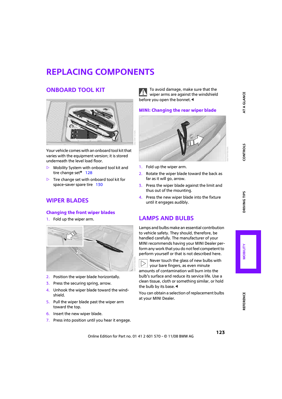 Replacing components, Onboard tool kit, Wiper blades | Lamps and bulbs | Mini 2009 Cooper Convertible User Manual | Page 125 / 172