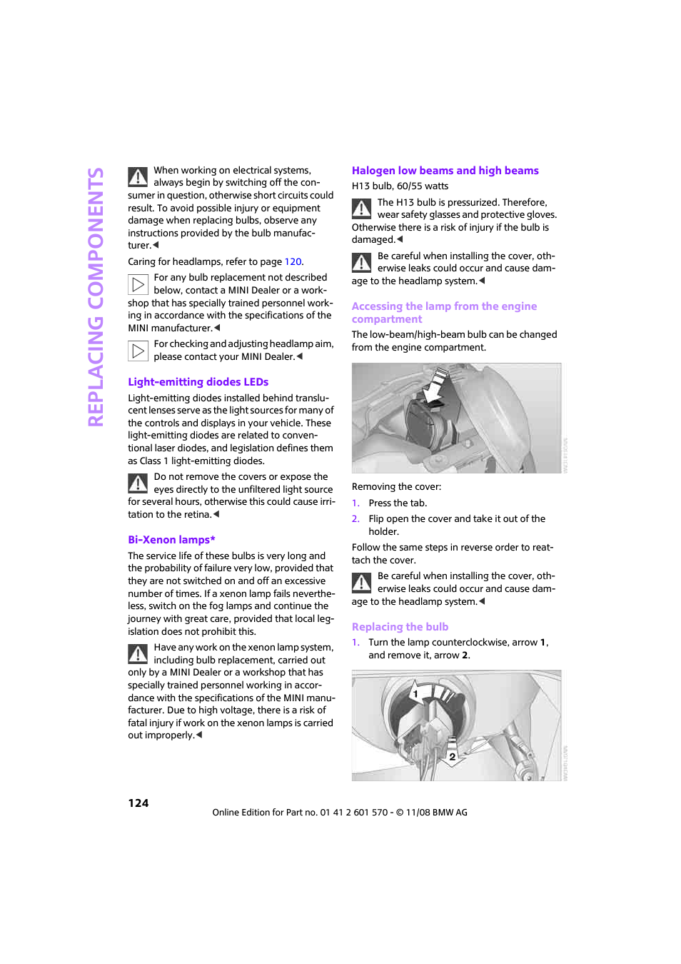 Replacing components | Mini 2009 Cooper Convertible User Manual | Page 126 / 172