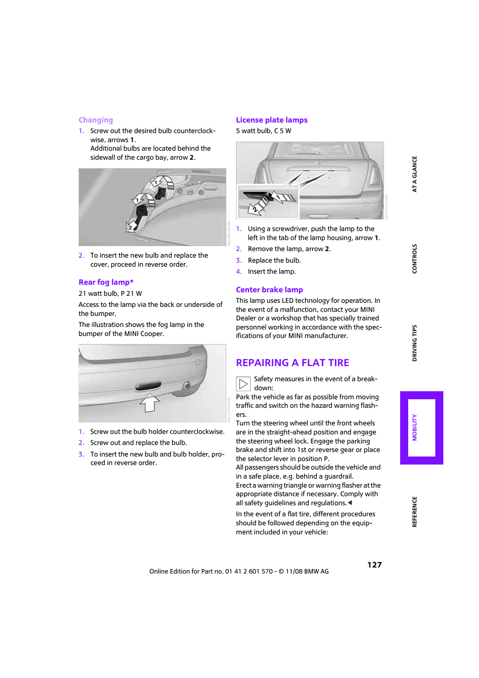 Repairing a flat tire | Mini 2009 Cooper Convertible User Manual | Page 129 / 172