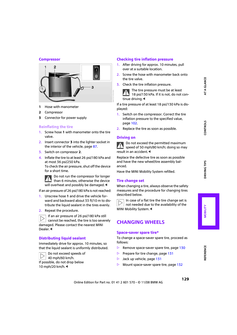 Changing wheels | Mini 2009 Cooper Convertible User Manual | Page 131 / 172