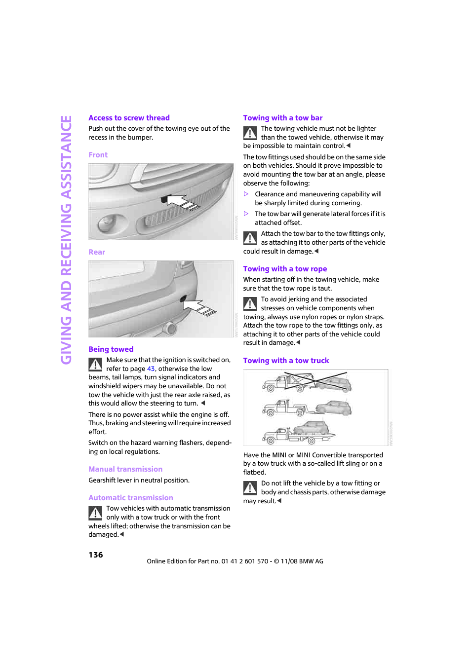 Giving and receiving assistance | Mini 2009 Cooper Convertible User Manual | Page 138 / 172