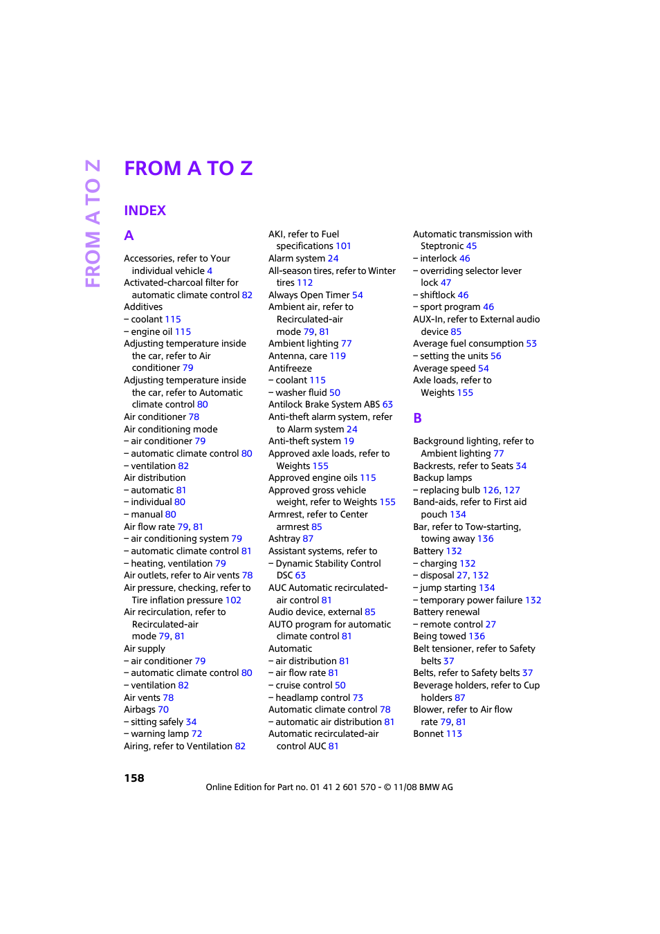 From a to z, Index, Index a | Mini 2009 Cooper Convertible User Manual | Page 160 / 172