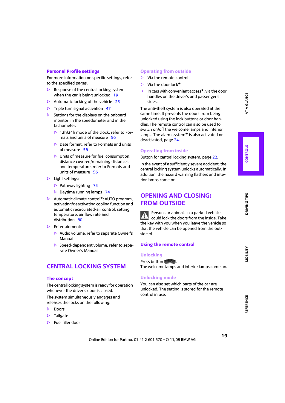 Central locking system, Opening and closing: from outside | Mini 2009 Cooper Convertible User Manual | Page 21 / 172
