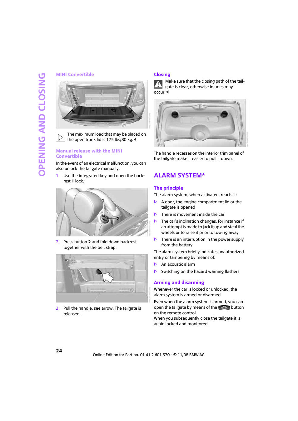 Alarm system, Opening and closing | Mini 2009 Cooper Convertible User Manual | Page 26 / 172