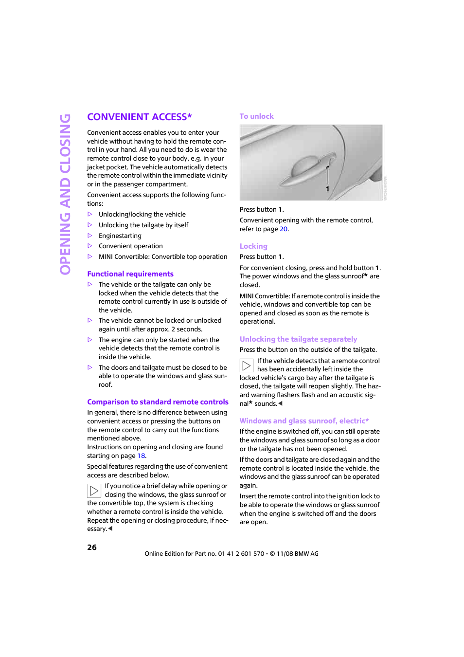 Convenient access, Opening and closing | Mini 2009 Cooper Convertible User Manual | Page 28 / 172