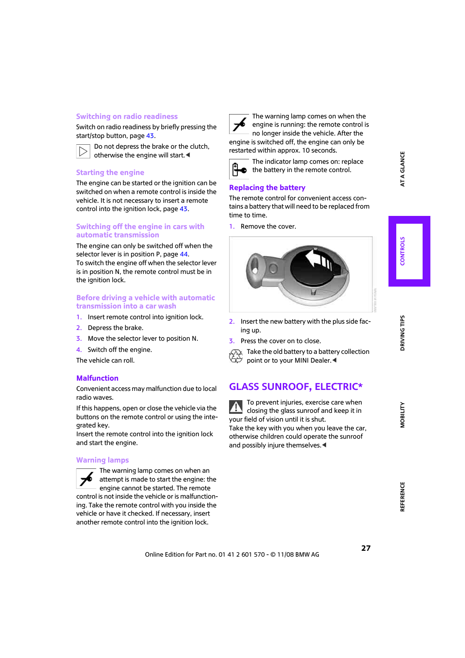 Glass sunroof, electric | Mini 2009 Cooper Convertible User Manual | Page 29 / 172