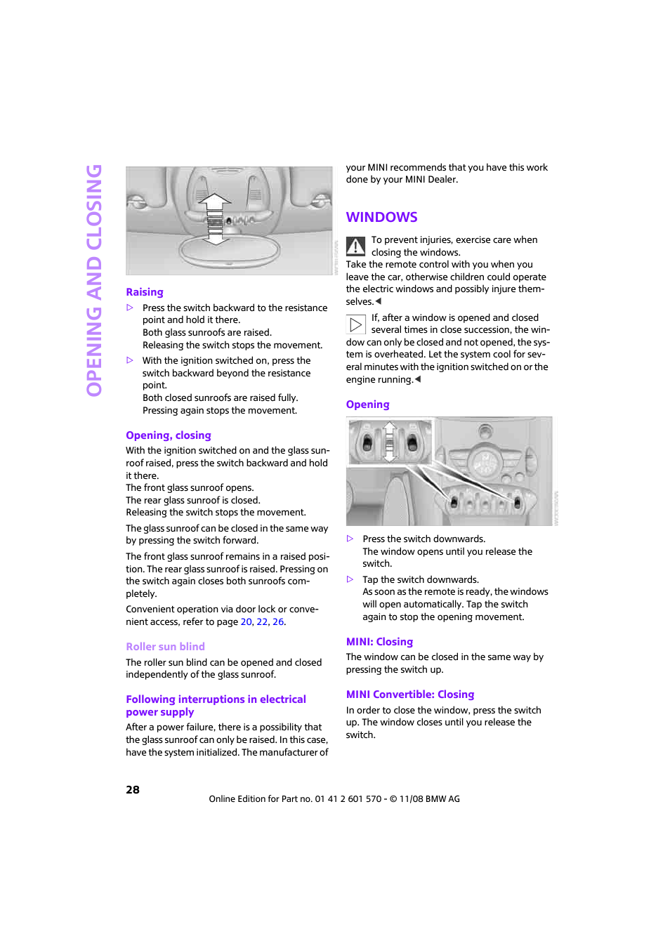 Windows, Opening and closing | Mini 2009 Cooper Convertible User Manual | Page 30 / 172