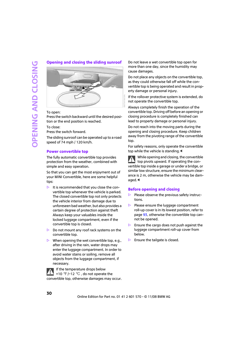 Opening and closing | Mini 2009 Cooper Convertible User Manual | Page 32 / 172