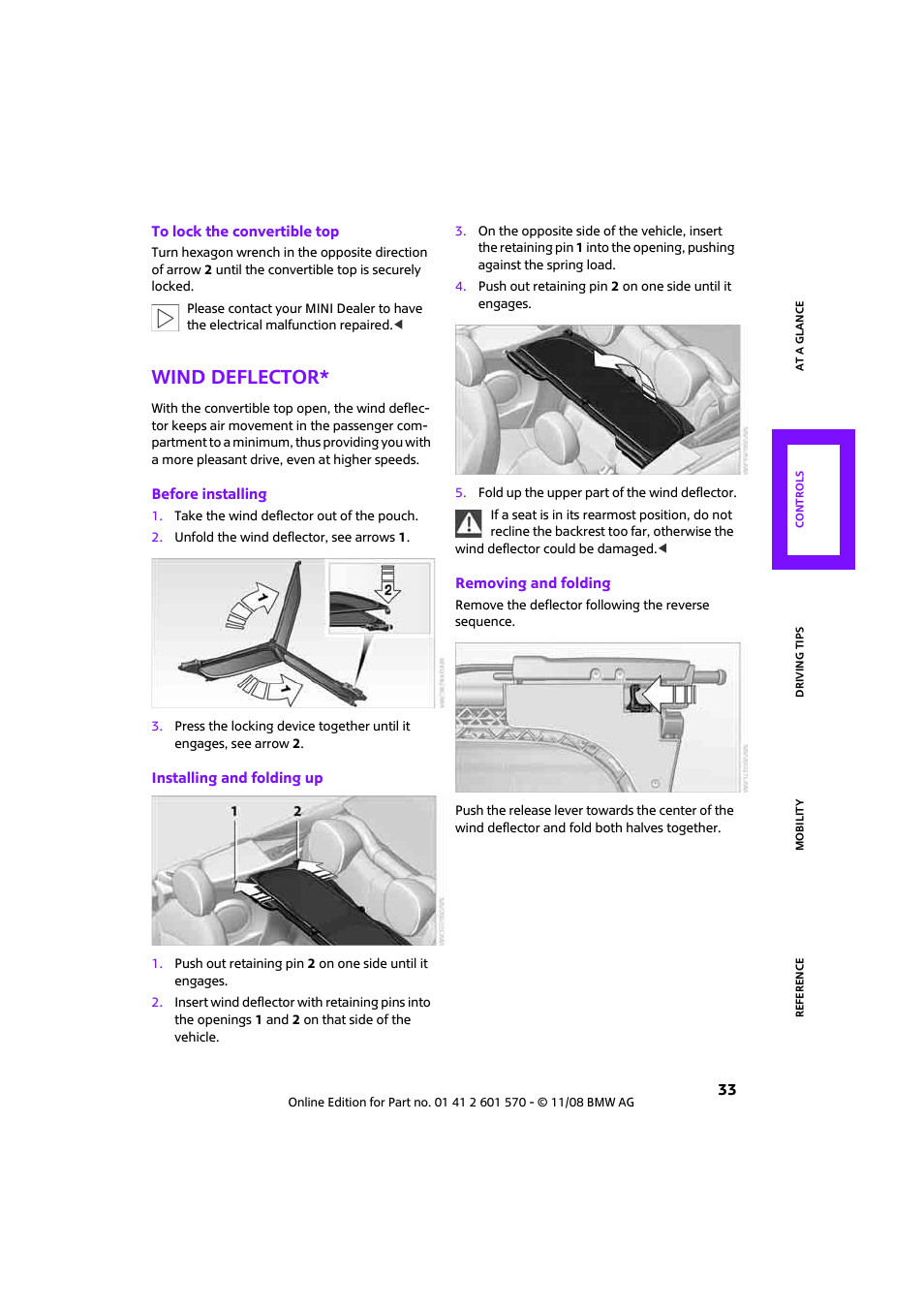 Wind deflector | Mini 2009 Cooper Convertible User Manual | Page 35 / 172