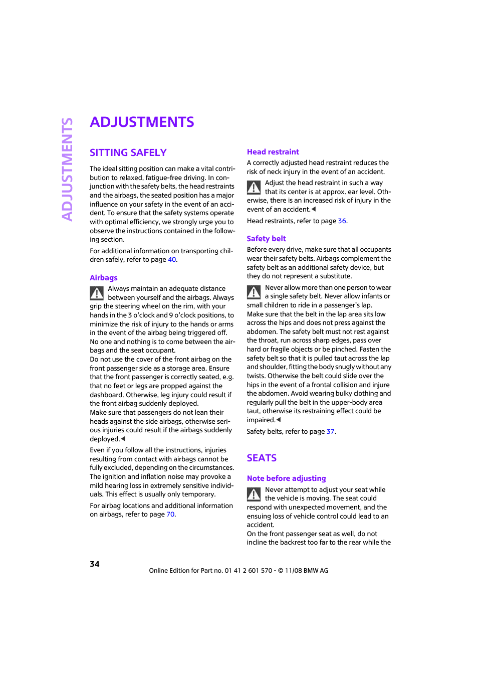 Adjustments, Sitting safely, Seats | Mini 2009 Cooper Convertible User Manual | Page 36 / 172