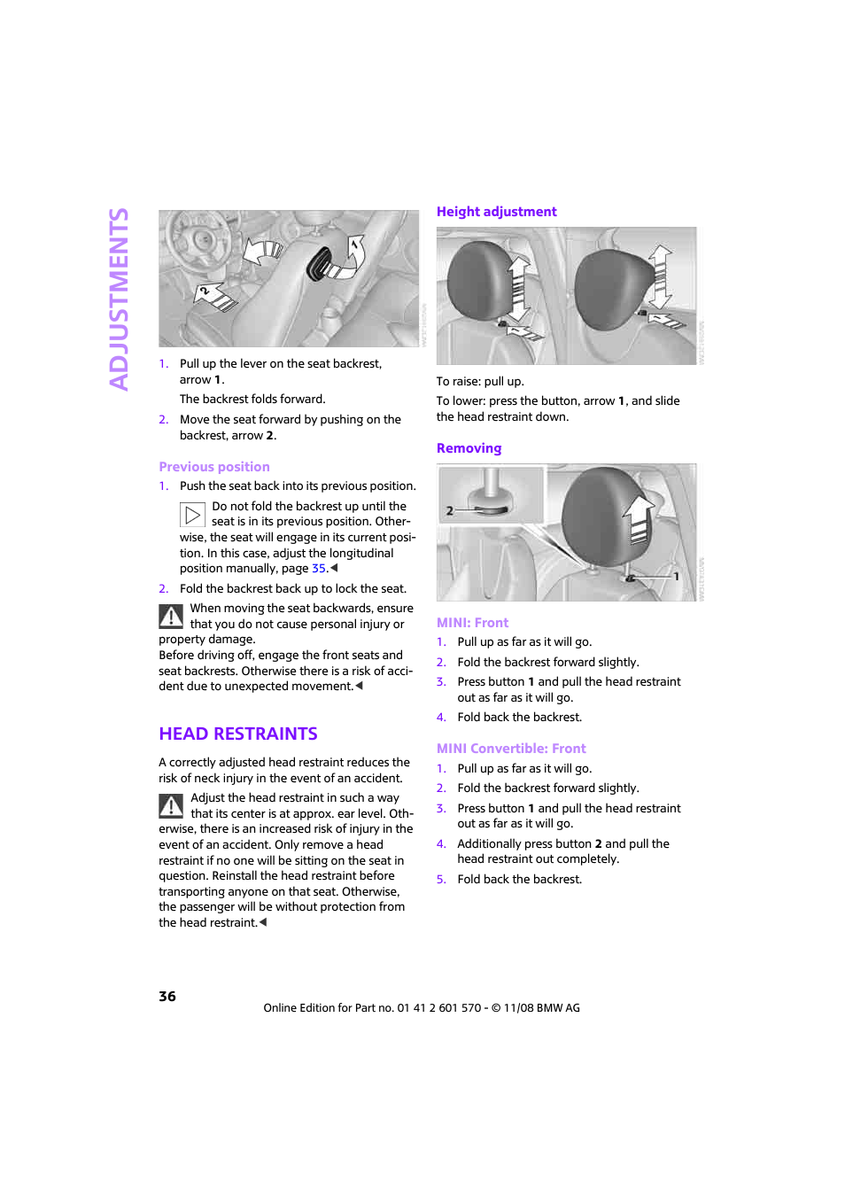 Head restraints, Adjustments | Mini 2009 Cooper Convertible User Manual | Page 38 / 172