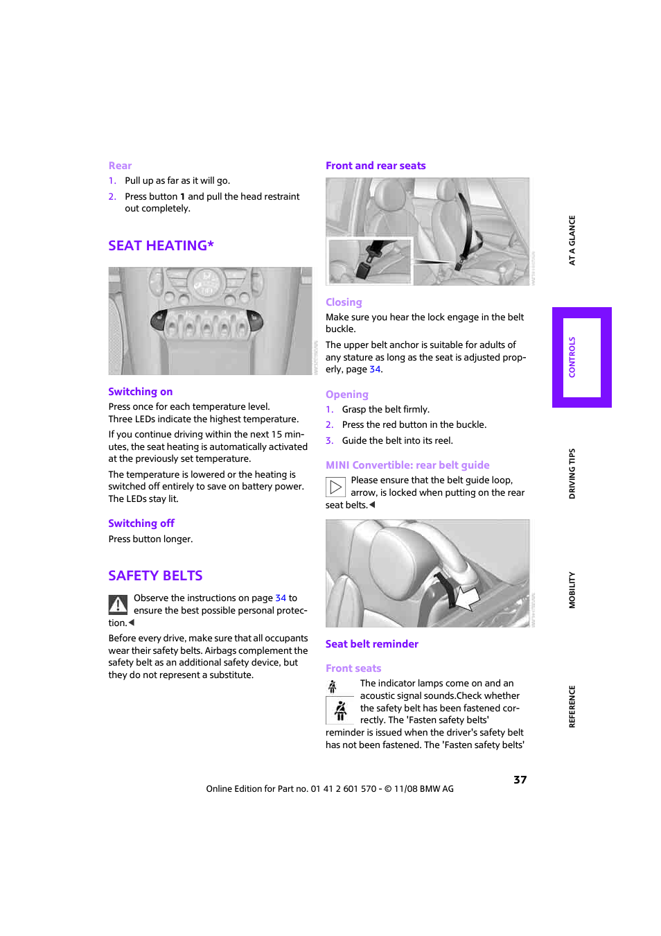 Seat heating, Safety belts | Mini 2009 Cooper Convertible User Manual | Page 39 / 172