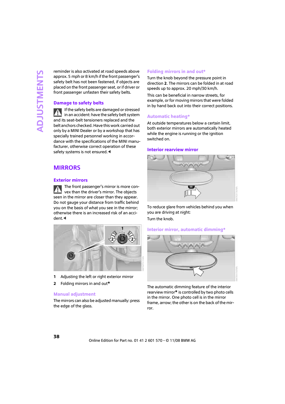 Mirrors, Adjustments | Mini 2009 Cooper Convertible User Manual | Page 40 / 172
