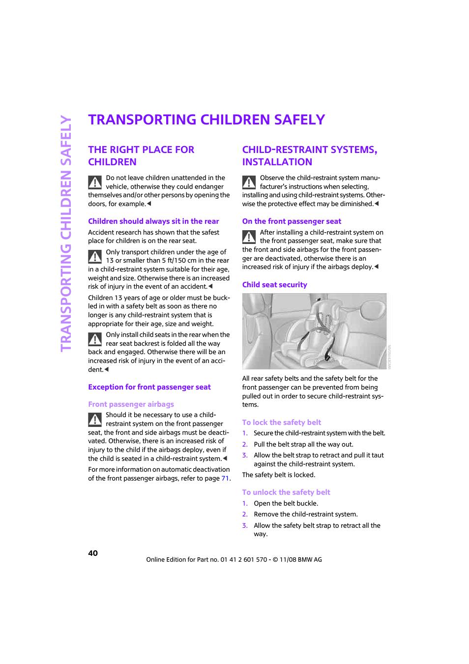 Transporting children safely, The right place for children, Child-restraint systems, installation | Mini 2009 Cooper Convertible User Manual | Page 42 / 172