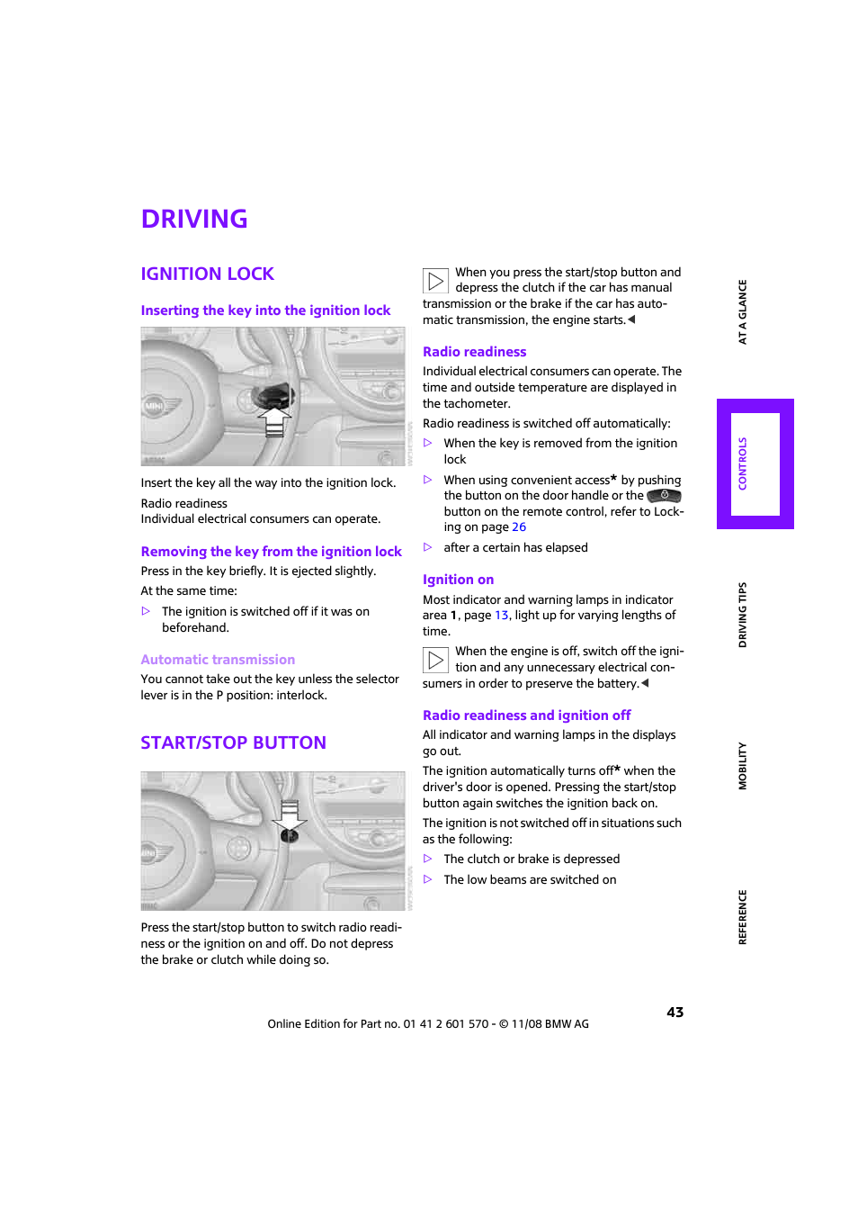 Driving, Ignition lock, Start/stop button | Mini 2009 Cooper Convertible User Manual | Page 45 / 172