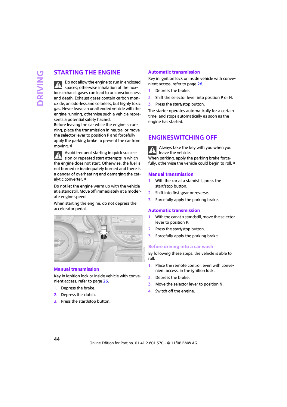 Starting the engine, Engineswitching off, Driving | Mini 2009 Cooper Convertible User Manual | Page 46 / 172