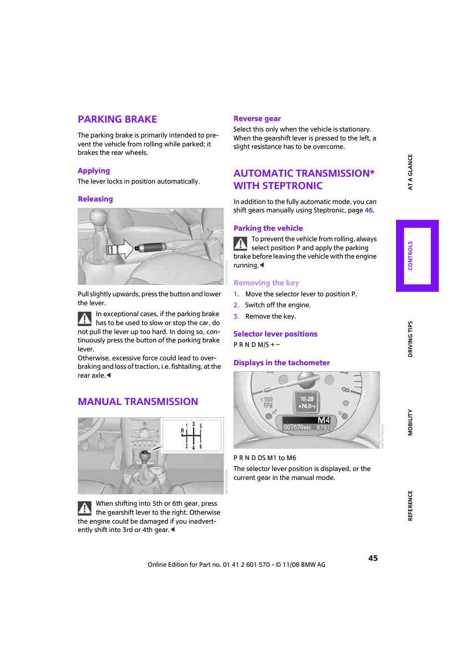 Parking brake, Manual transmission, Automatic transmission* with steptronic | Mini 2009 Cooper Convertible User Manual | Page 47 / 172