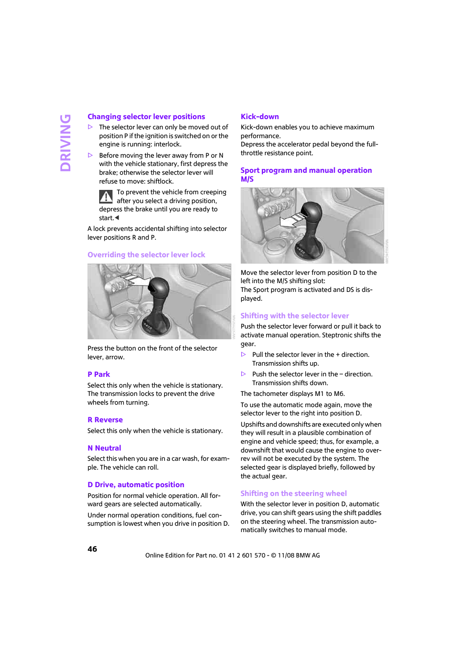 Driving | Mini 2009 Cooper Convertible User Manual | Page 48 / 172