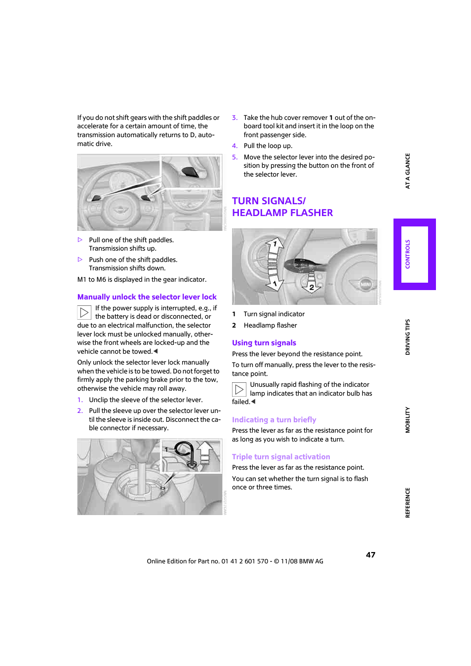Turn signals/ headlamp flasher, Gnals, Asher | Mini 2009 Cooper Convertible User Manual | Page 49 / 172