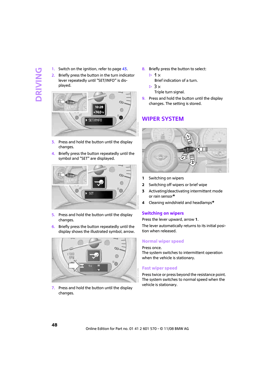 Wiper system, Driving | Mini 2009 Cooper Convertible User Manual | Page 50 / 172