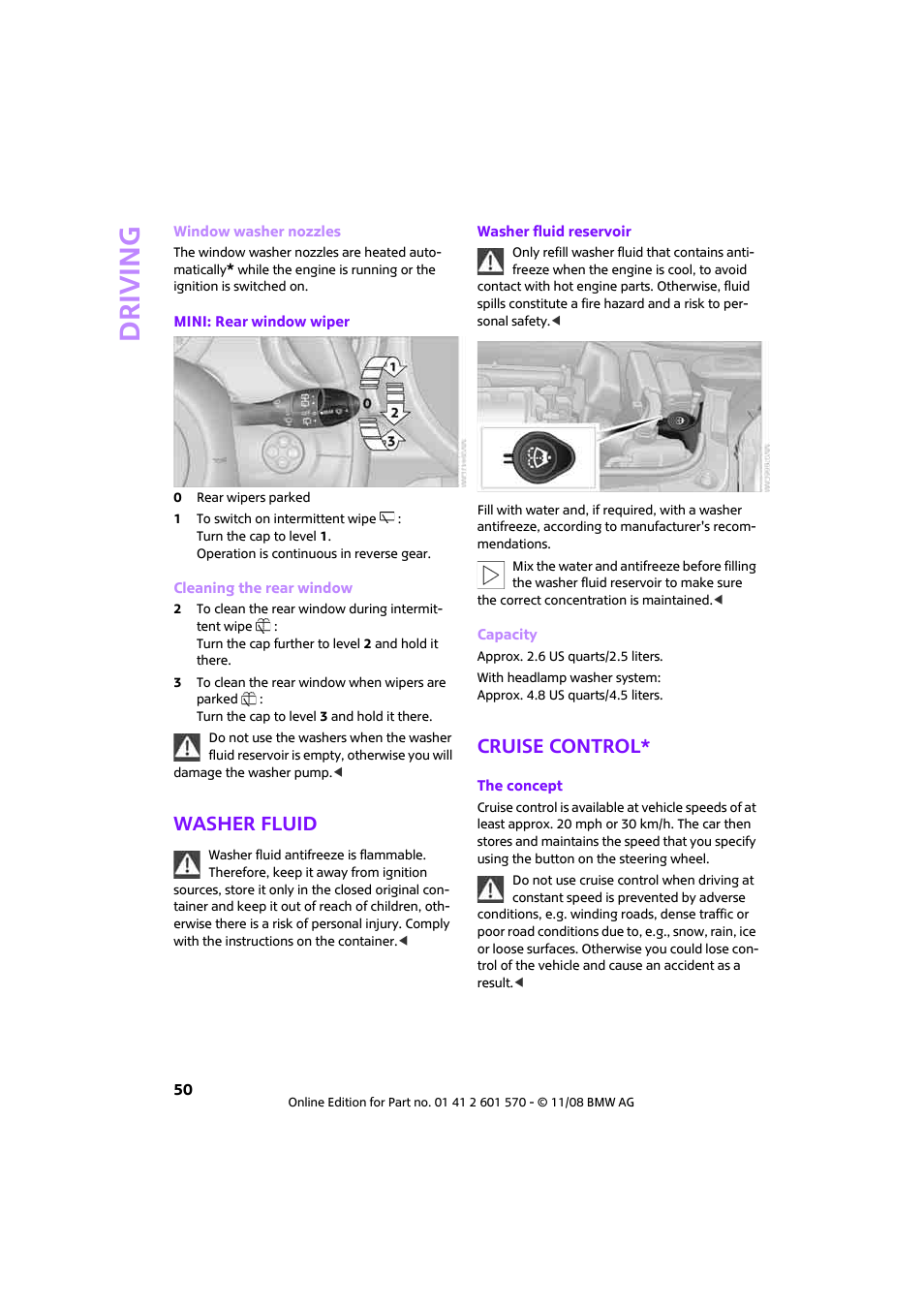 Washer fluid, Cruise control, Driving | Mini 2009 Cooper Convertible User Manual | Page 52 / 172