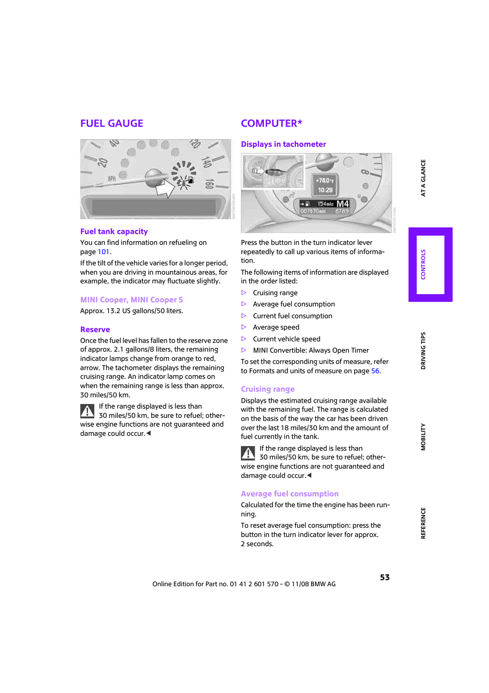 Fuel gauge, Computer | Mini 2009 Cooper Convertible User Manual | Page 55 / 172
