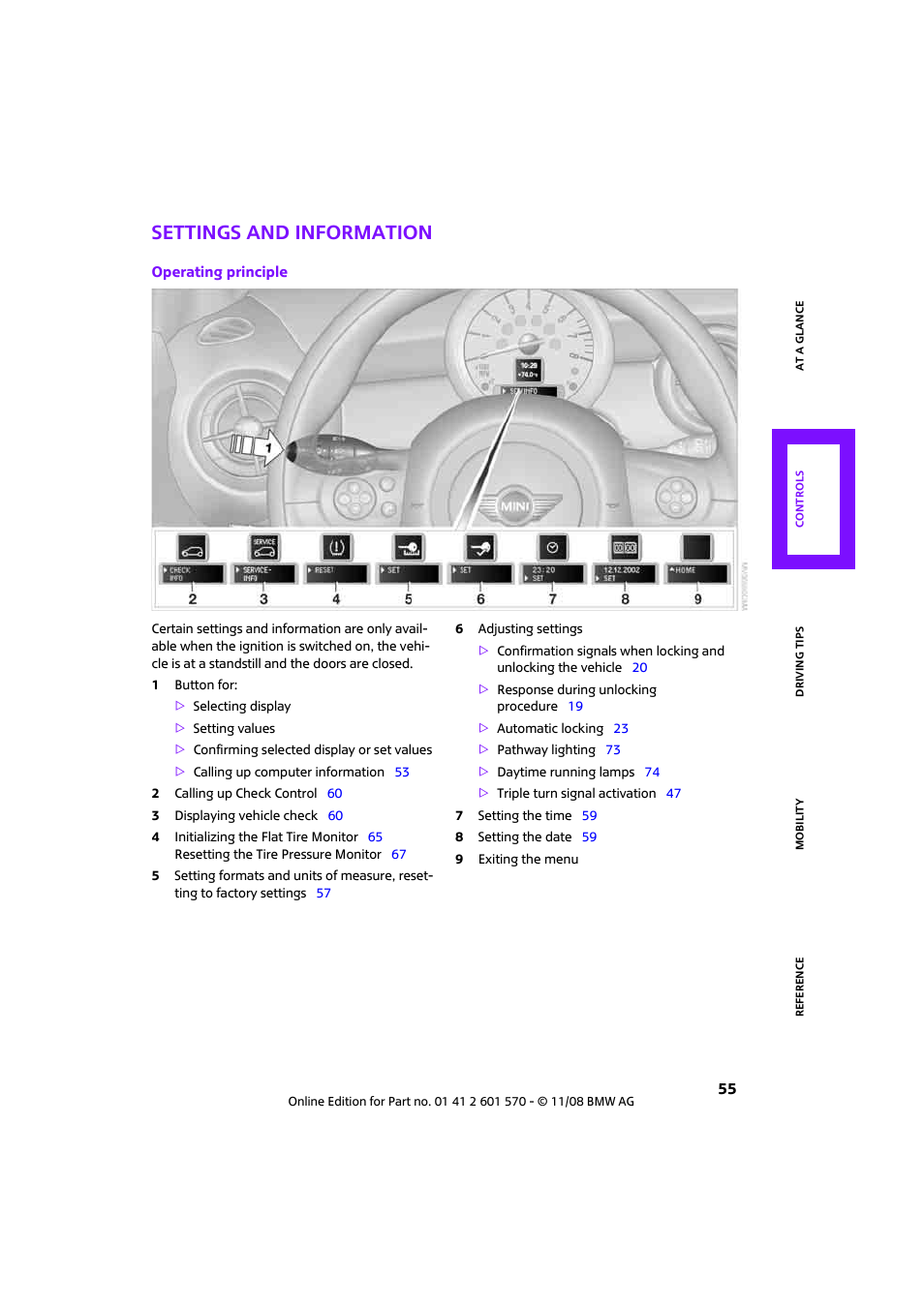 Settings and information, Rmation | Mini 2009 Cooper Convertible User Manual | Page 57 / 172