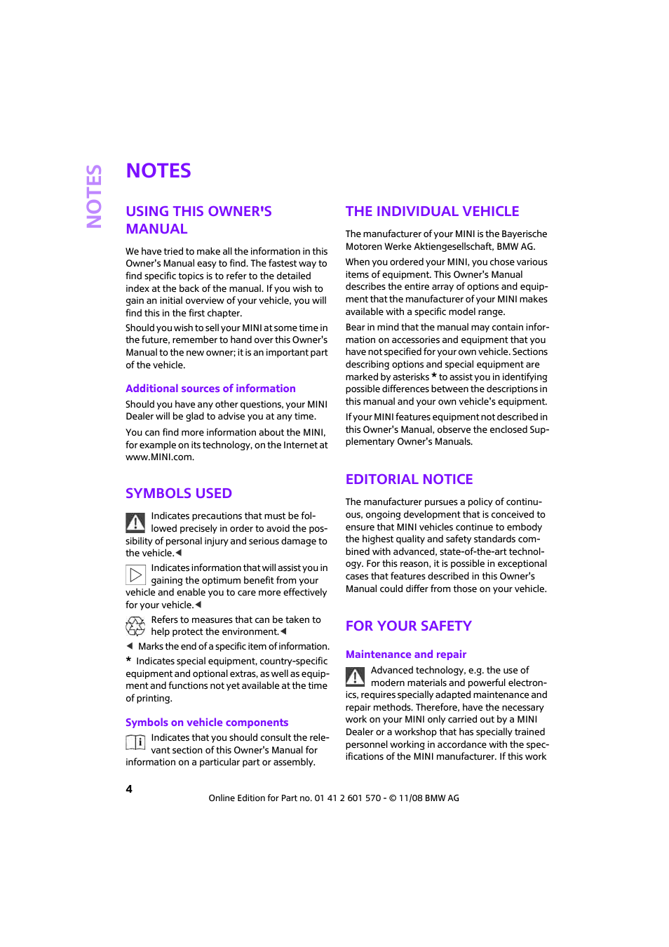 Notes, Using this owner's manual, Symbols used | The individual vehicle, Editorial notice, For your safety | Mini 2009 Cooper Convertible User Manual | Page 6 / 172