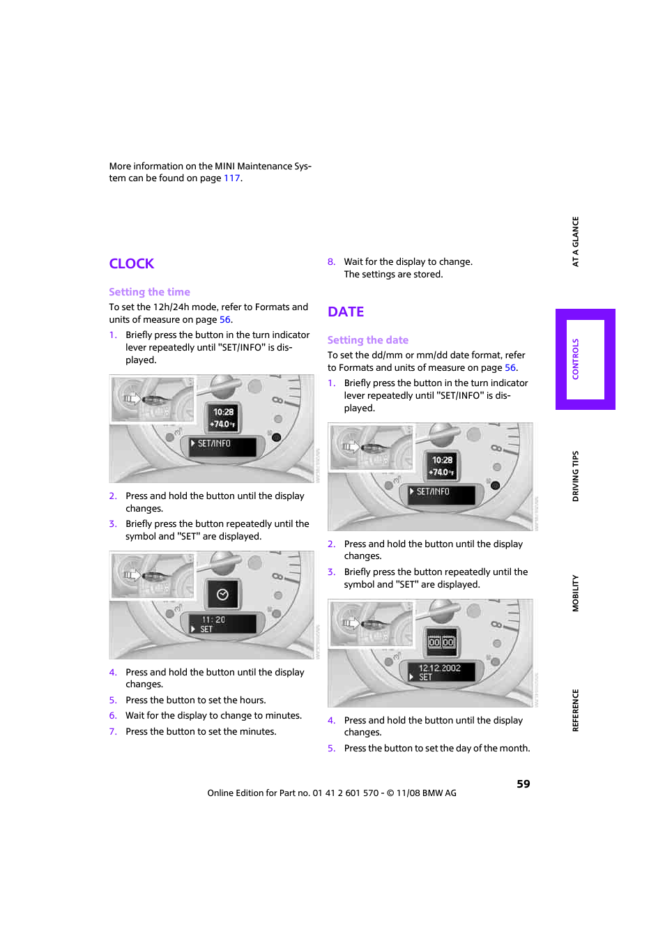 Clock, Date, Setting the time | Mini 2009 Cooper Convertible User Manual | Page 61 / 172