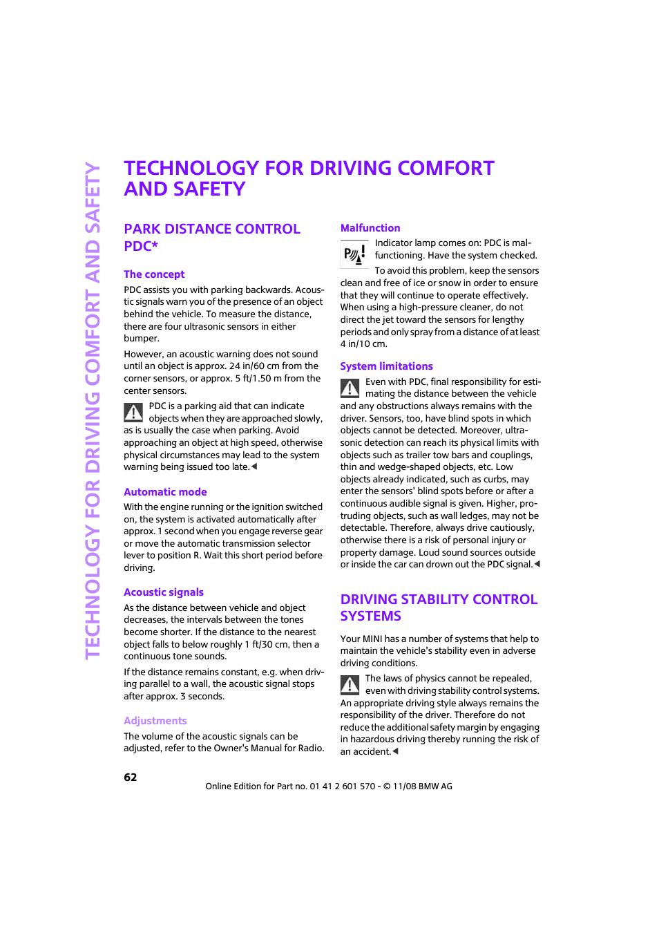 Technology for driving comfort and safety, Park distance control pdc, Driving stability control systems | Mini 2009 Cooper Convertible User Manual | Page 64 / 172