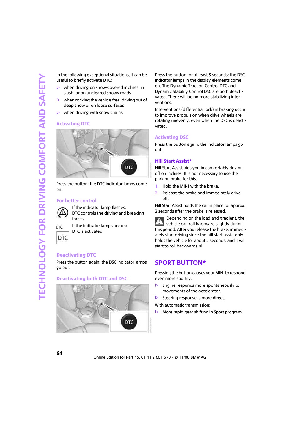 Sport button, Technology for driving comfort and safety | Mini 2009 Cooper Convertible User Manual | Page 66 / 172
