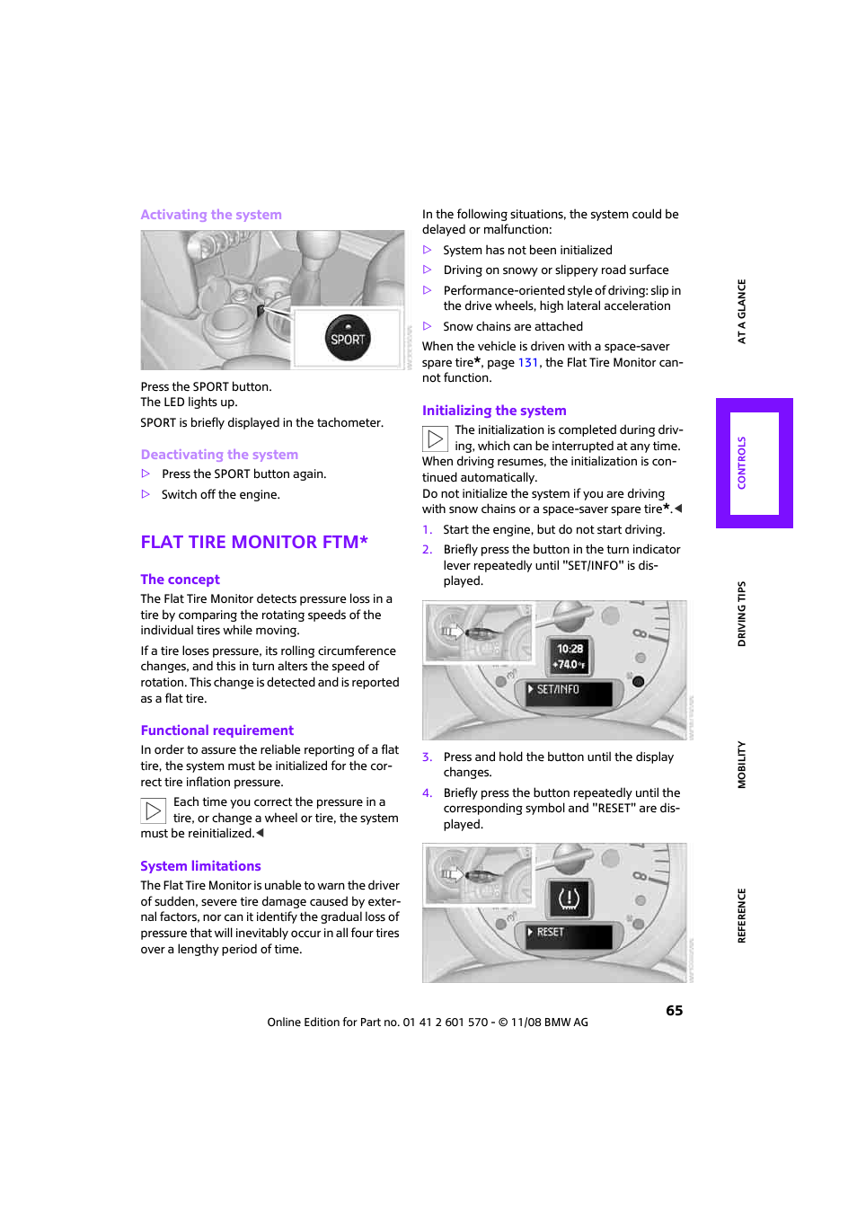 Flat tire monitor ftm | Mini 2009 Cooper Convertible User Manual | Page 67 / 172