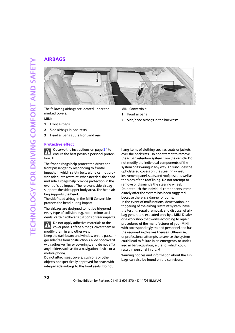Airbags, Technology for driving comfort and safety | Mini 2009 Cooper Convertible User Manual | Page 72 / 172
